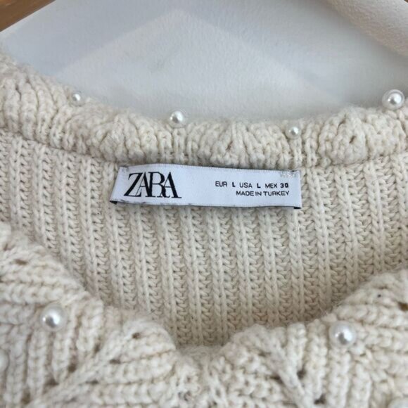 Zara Womens Large Beaded Embellished Collar Pullover Sweater Ecru Cream Twee Tie - Picture 9 of 10